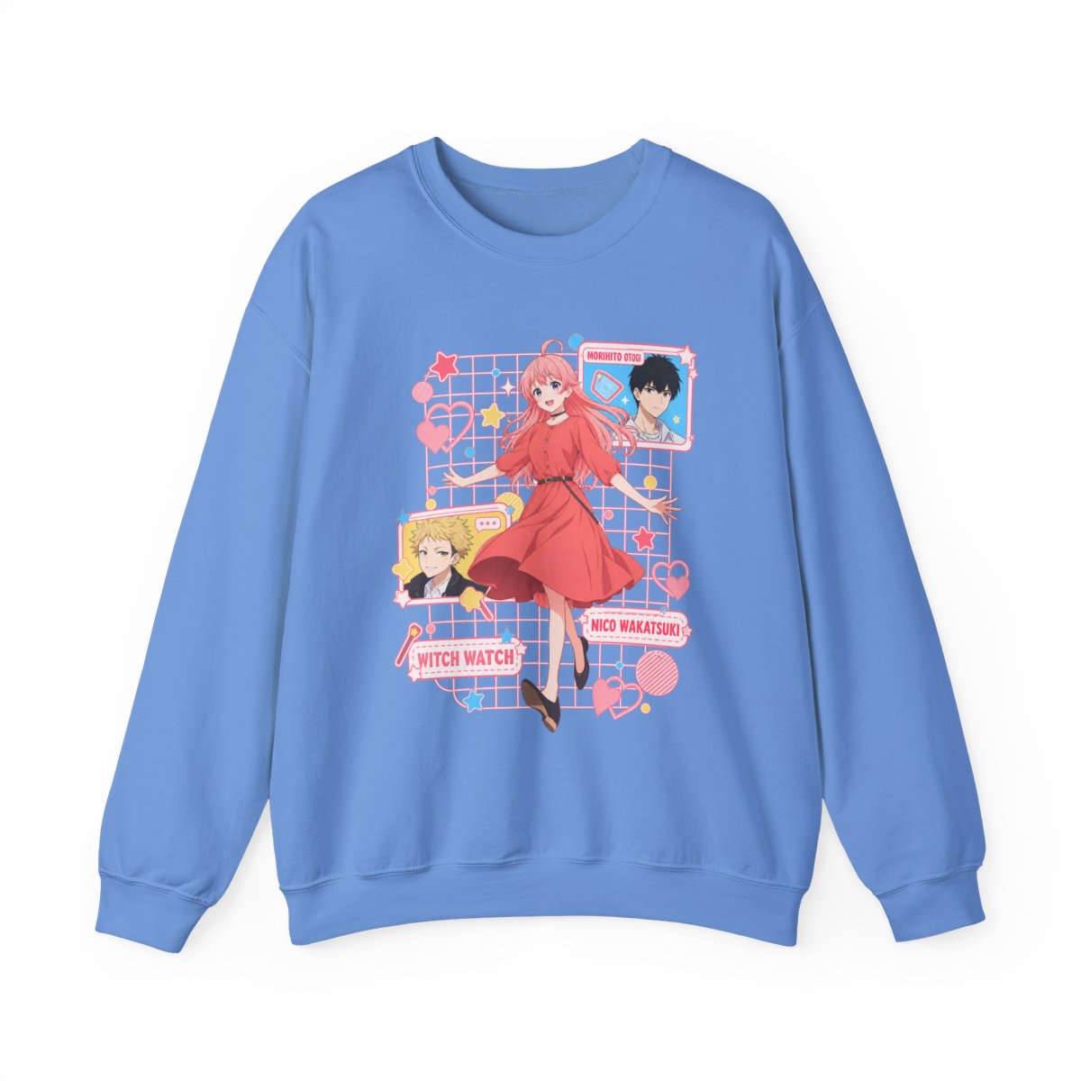 Cute Anime Girl Character sweatshirt | Kawaii Retro Hearts, Pink Grid | Witch Watch Anime - alternate angle 4, merchandise