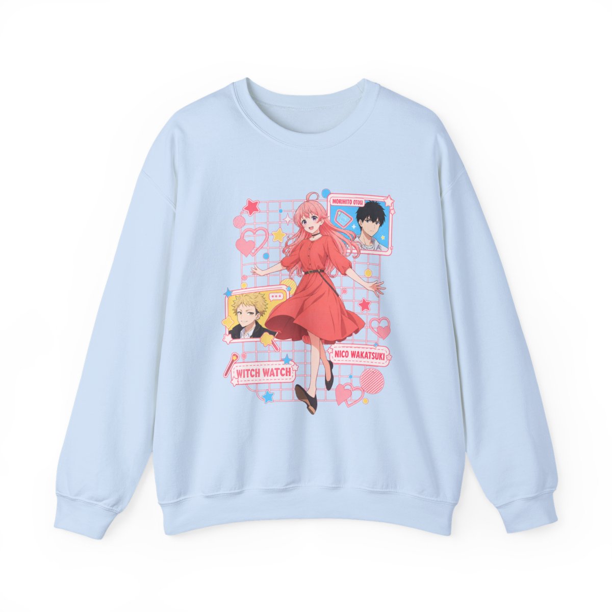 Cute Anime Girl Character sweatshirt | Kawaii Retro Hearts, Pink Grid | Witch Watch Anime - alternate angle 3, merchandise