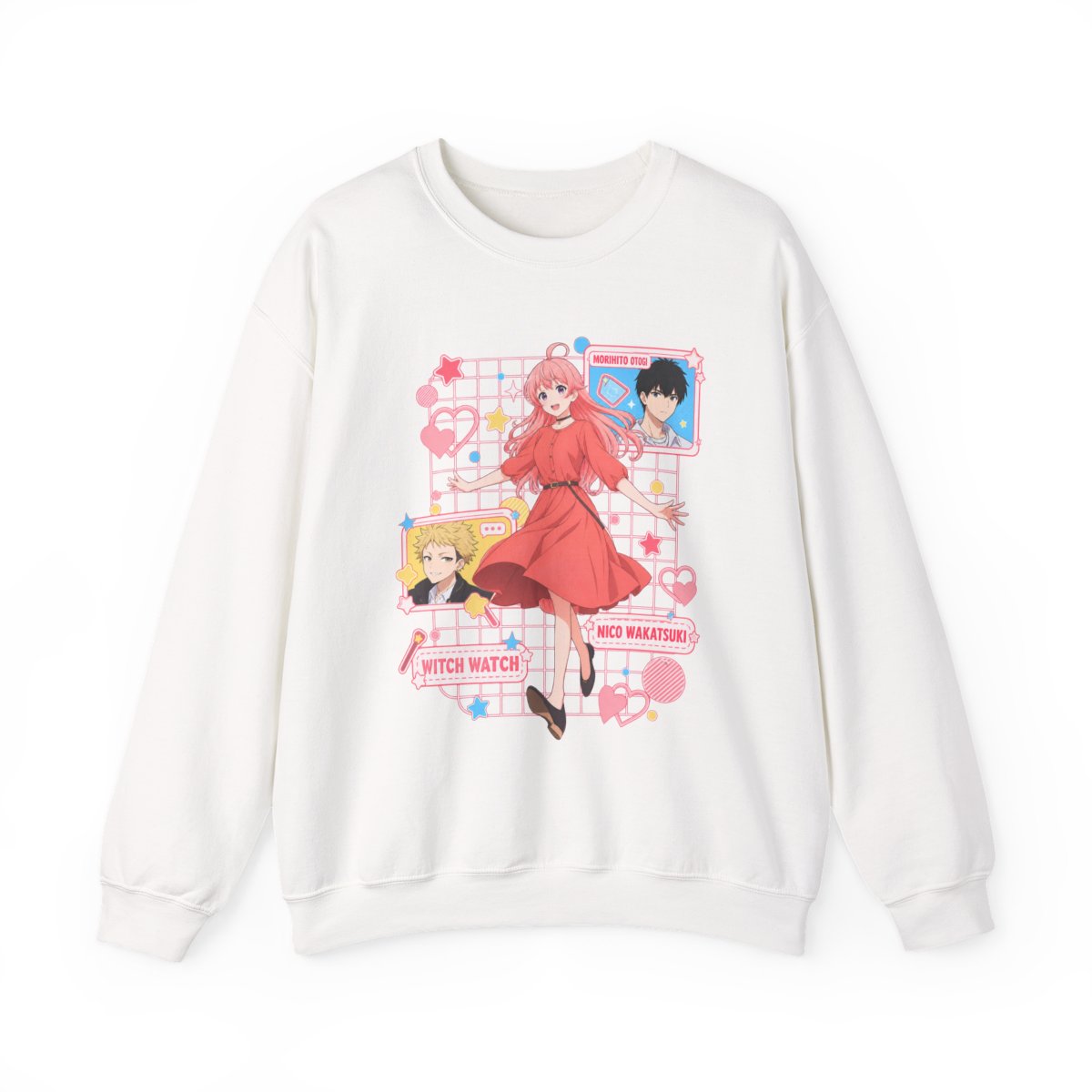 Cute Anime Girl Character sweatshirt | Kawaii Retro Hearts, Pink Grid | Witch Watch Anime - Official Sweatshirts merchandise