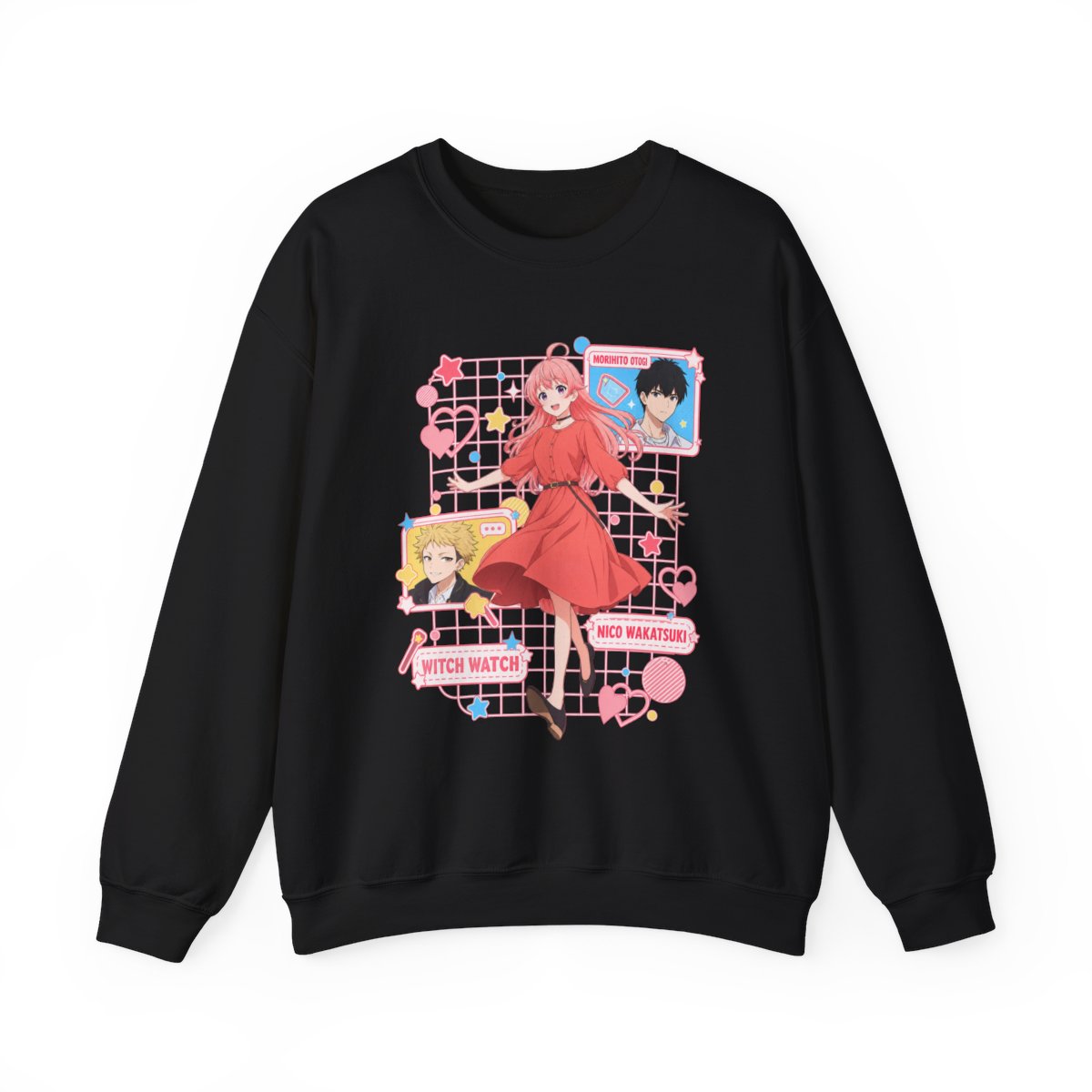 Cute Anime Girl Character sweatshirt | Kawaii Retro Hearts, Pink Grid | Witch Watch Anime - alternate angle 2, merchandise