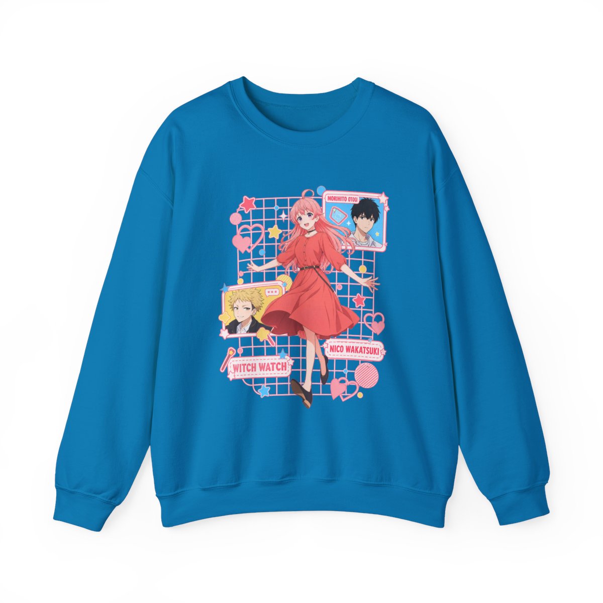 Cute Anime Girl Character sweatshirt | Kawaii Retro Hearts, Pink Grid | Witch Watch Anime - alternate angle 5, merchandise