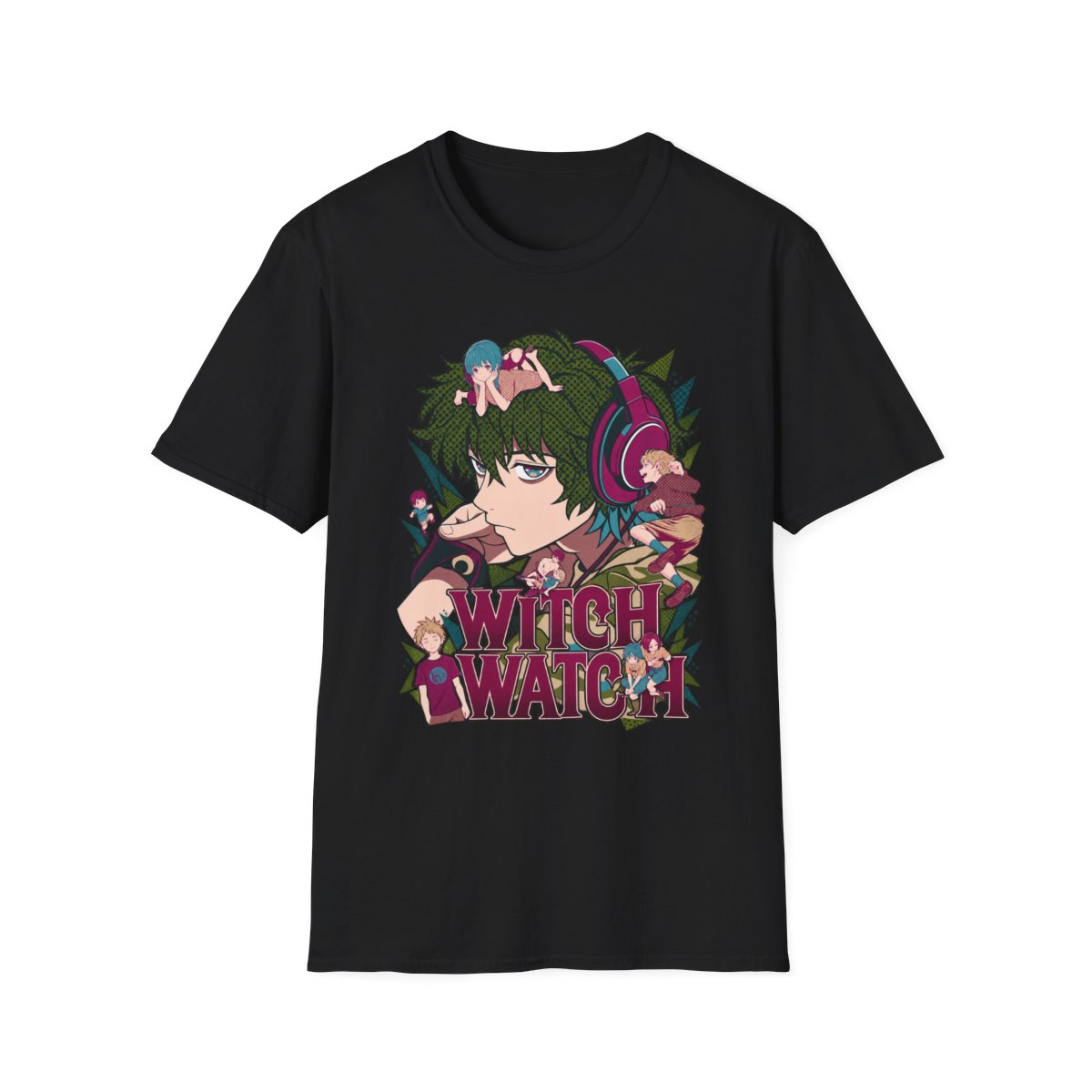 Witch Watch anime girl illustration T-Shirt | headphones, mushrooms, forest vibes | Witch Watch Anime - alternate angle 2, merchandise