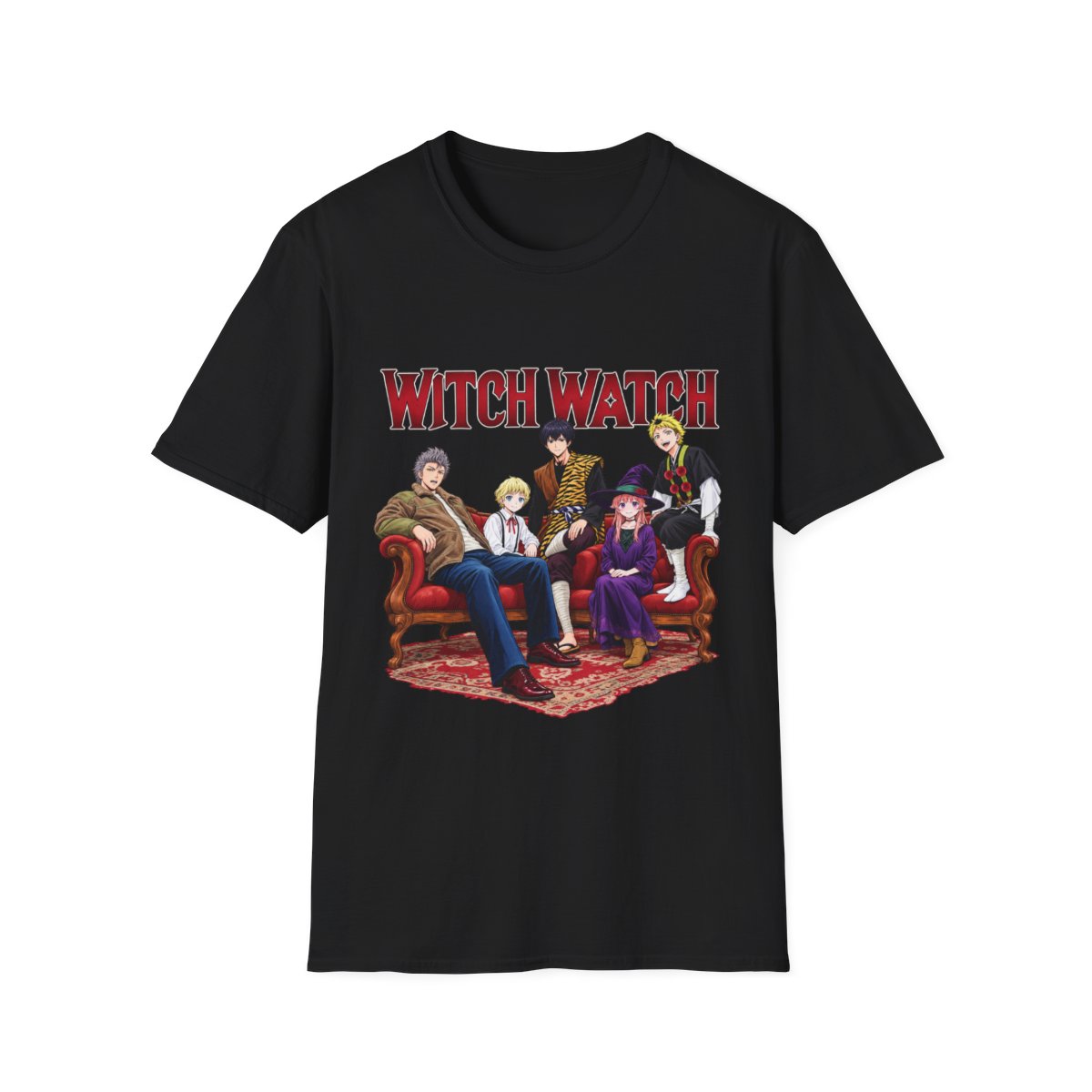 Witch Watch illustration T-Shirt | Retro coven sitting on sofa | Witch Watch Anime - Official T-Shirts merchandise